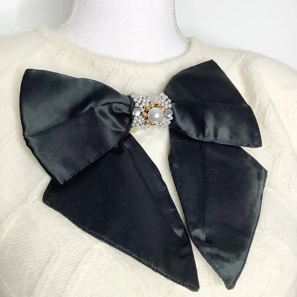 Marisa Christina Vintage Cream Sweater Textured Black Bow Beaded Large - Picture 5 of 12